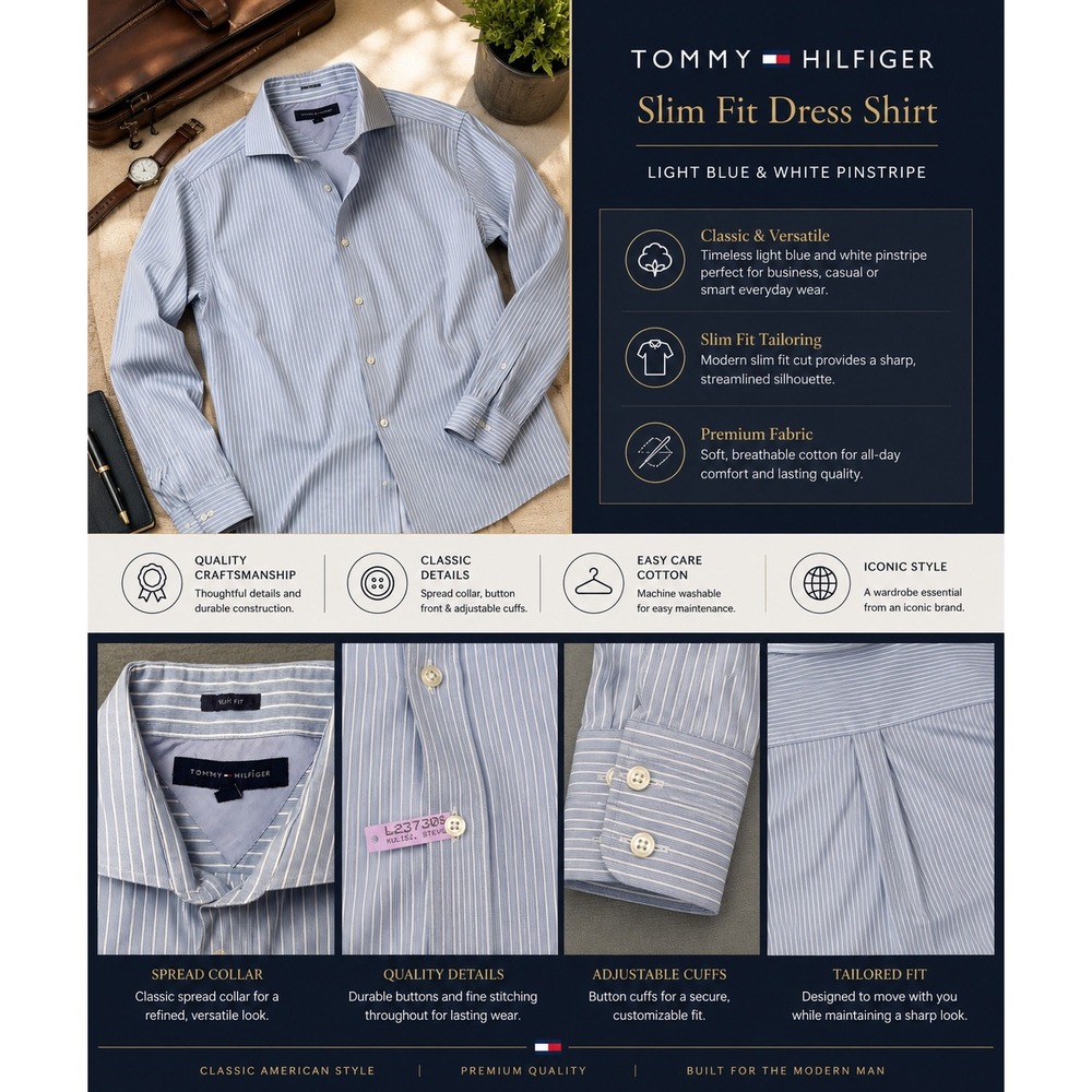 Tommy Hilfiger Mens Slim Fit Dress Shirt Blue White Pinstripe Spread Collar